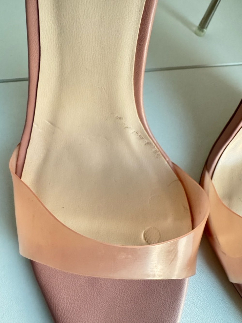 La Femme Mauve and Peach Pointed Toe Slide Mules with Translucent Strap - Picture 4 of 5